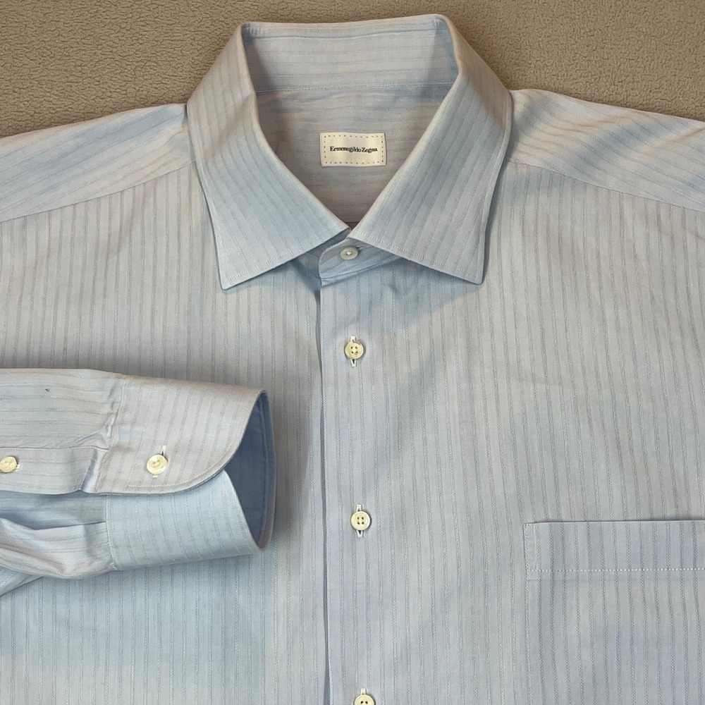 Ermenegildo Zegna Like New Men XL 17.5 Dress Shirt Blue Stripe 100% Cotton Italy